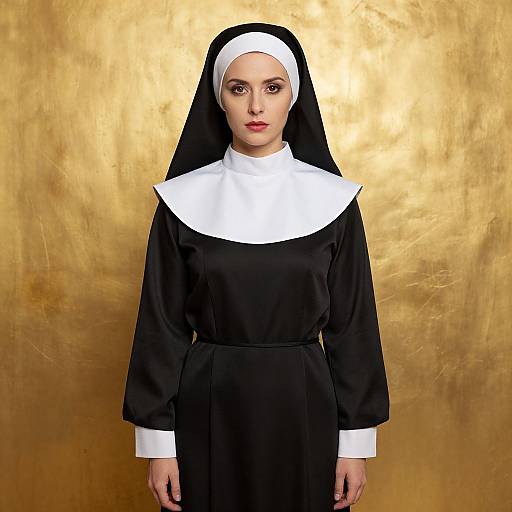 Photograph of a white woman with red lipstick, wearing a black nun's habit with a white coif and collar, against a gold textured background.