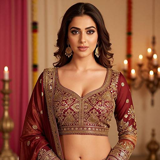 Photograph of a beautiful South Asian woman with dark hair in an ornate maroon and gold traditional embroidered top and matching dupatta, adorned with intricate