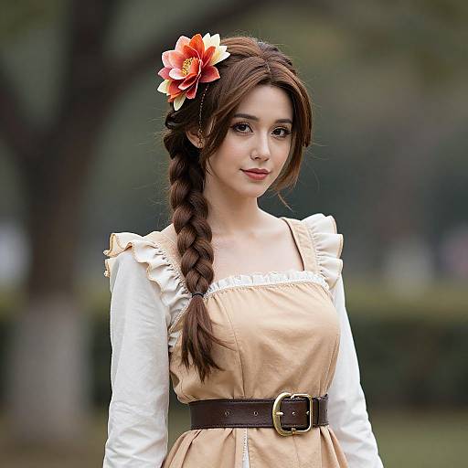 Photograph of an Asian woman with long braided brown hair, wearing a beige dress with white sleeves and brown belt, adorned with a red-orange flower