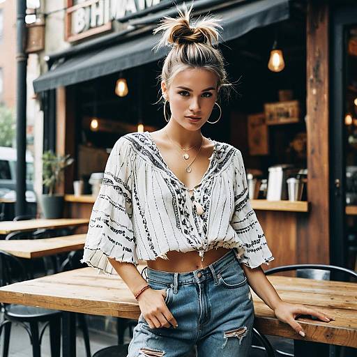 Fashionable Woman with Messy Top Knot at Urban Cafe