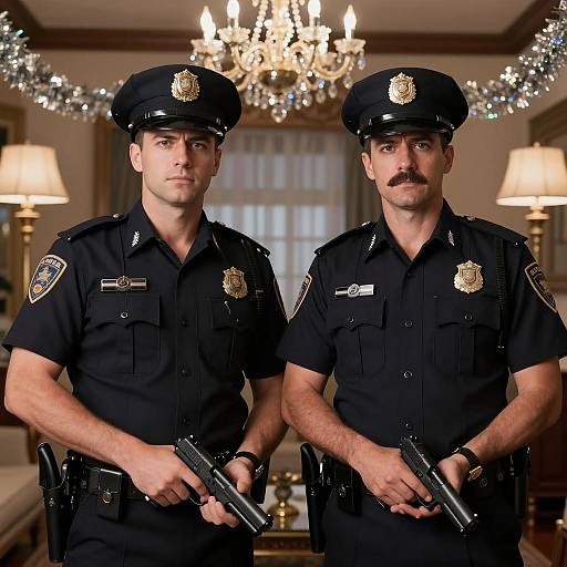 Two Male Police Officers with Handguns Indoors