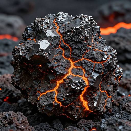 Photograph of a glowing, black, textured rock with vivid orange and red molten cracks, set against a background of dark, volcanic rock.