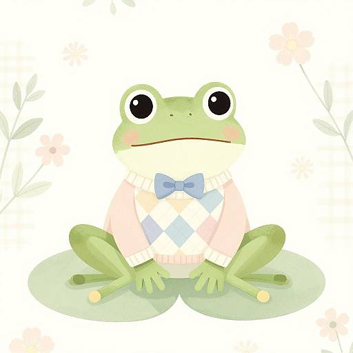 Cute digital illustration of a green frog with large black eyes, wearing a light pink shirt and blue bow tie, sitting on a light green lily