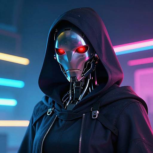 Cyberpunk character with metallic red glowing eyes, silver mask, and black hooded jacket, illuminated by neon blue and pink lights. Photorealistic