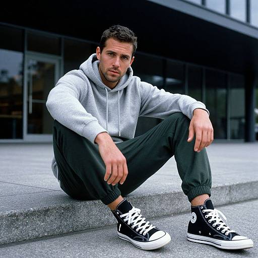 Photograph of a young man with short dark hair, light beard, wearing a gray hoodie, black pants, and black high-top sneakers, sitting on