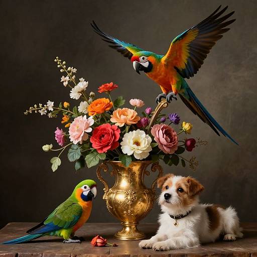 Baroque Still Life with Parrots and Lapdog