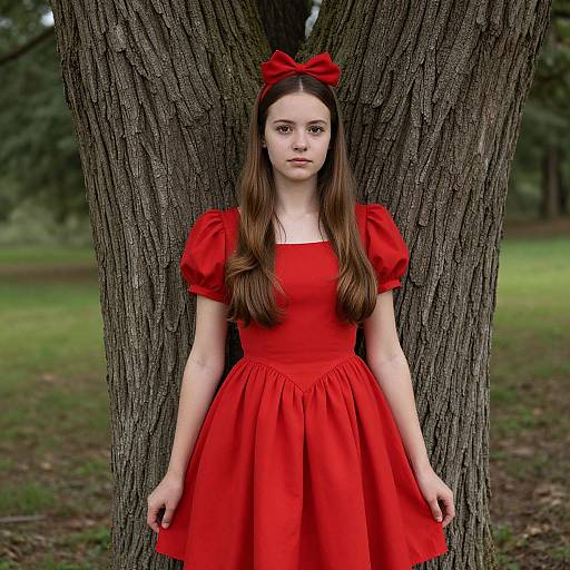 Photograph of a young woman with long brown hair, wearing a bright red dress and bow, leaning against a tree in a grassy park.