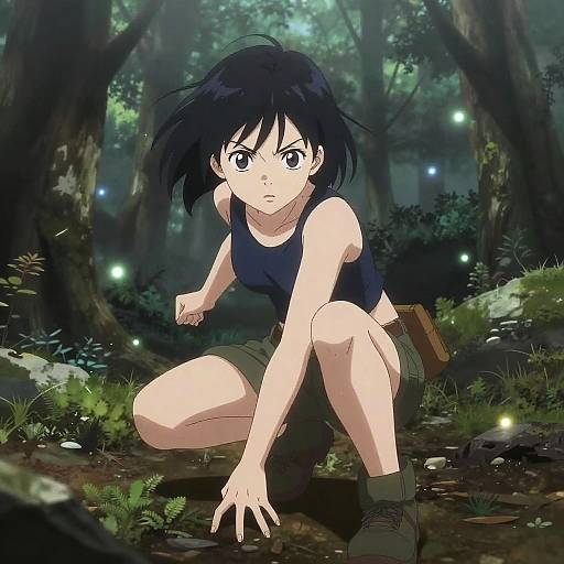 Anime-style digital drawing of a black-haired girl in a dark tank top and shorts, crouching in a forest with glowing fireflies.