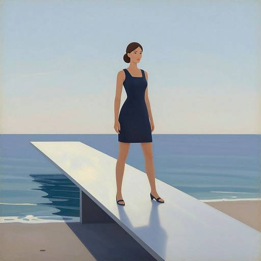 Digital art: Woman in a navy dress and black heels stands confidently on a white pier with a calm ocean and clear sky backdrop.
