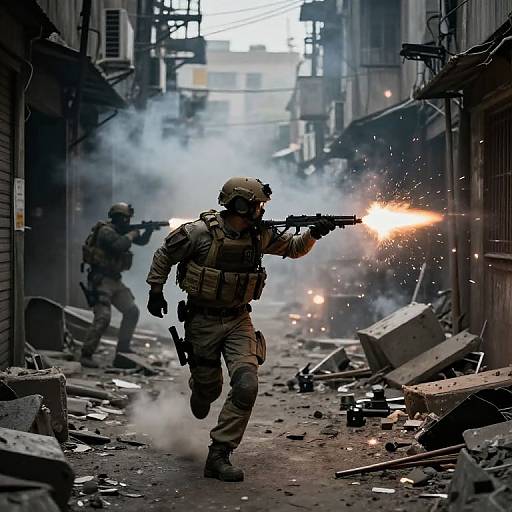 Urban Warfare Soldier Sprinting in Chaos