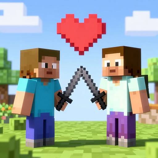 Pixel art of two blocky, cartoon-style characters with brown hair holding black guns, pointing them upwards at a red heart against a bright blue sky and
