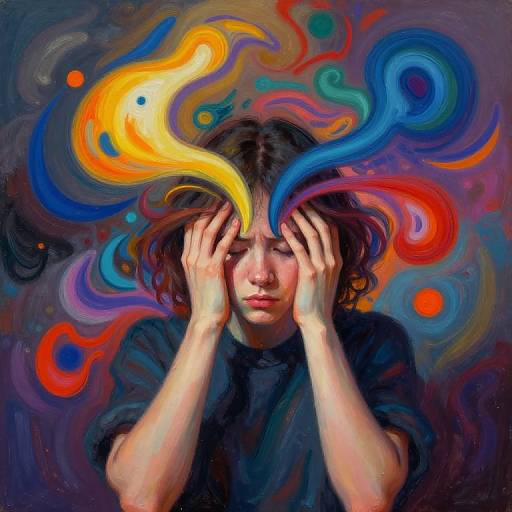 Vibrant digital painting of a young person with dark hair, hands on face, surrounded by swirling, colorful abstract patterns in yellow, blue, red