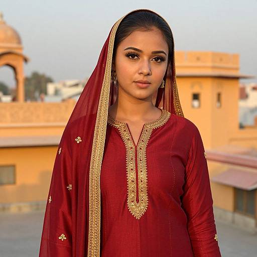 Photograph of an Indian woman with medium brown skin, black hair in a braid, wearing a red traditional salwar kameez with gold embroidery