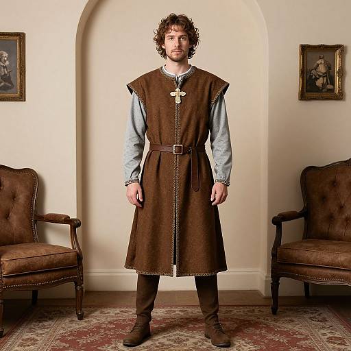 Photograph of a curly-haired man with a beard, wearing a medieval-style brown tunic with light blue shirt, standing in a warmly lit room with