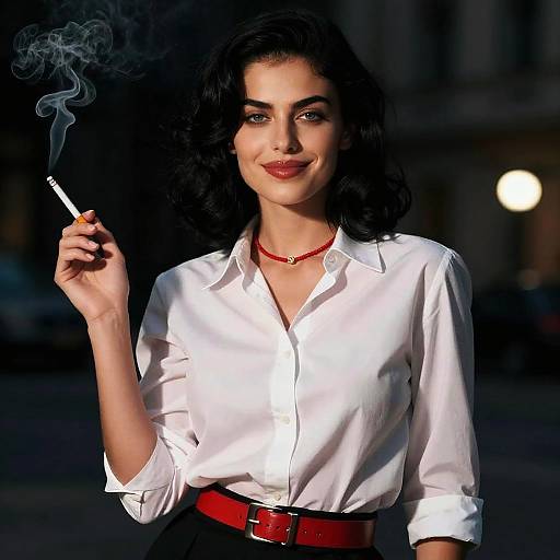 Photograph of a confident woman with wavy black hair, wearing a white blouse and red belt, smoking a cigarette, with a red necklace and dark