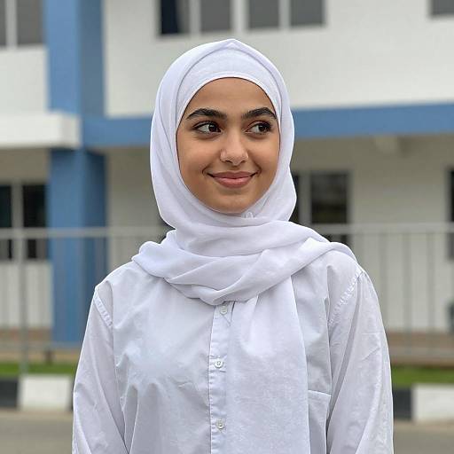 Smiling Woman in White Hijab Outdoors