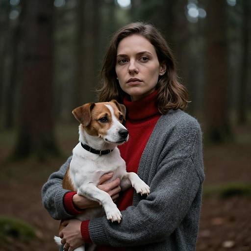 Serious Woman in Forest with Dog