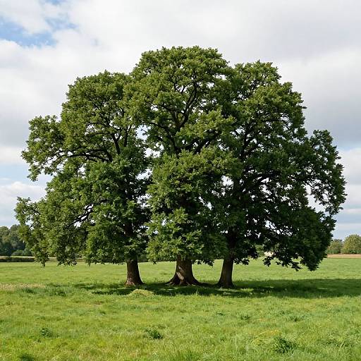 Photograph of a large, lush green tree with a broad canopy, standing alone in a sunlit, grassy field under a partly cloudy sky.