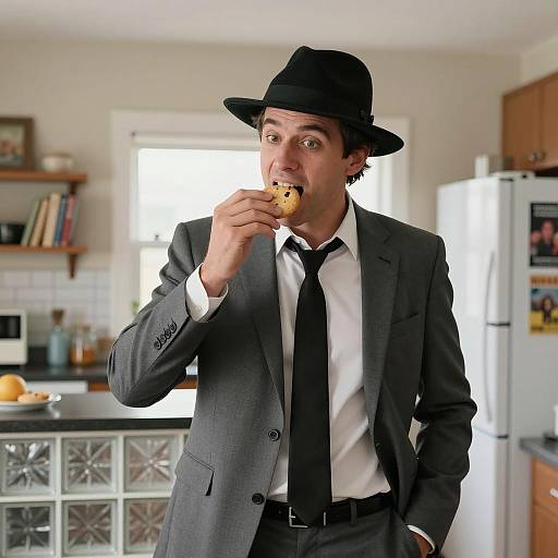 Man in Suit Eating Cookie in Kitchen