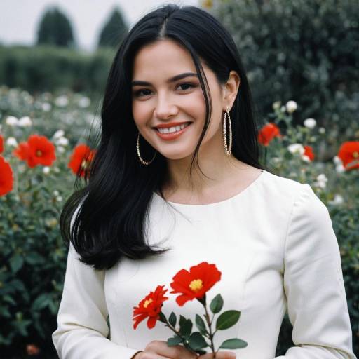 Smiling Woman Holding Red Flowers Outdoors