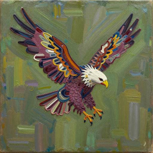 Vibrant painting of a bald eagle with outstretched wings, featuring multicolored feathers and a yellow beak, set against a green,