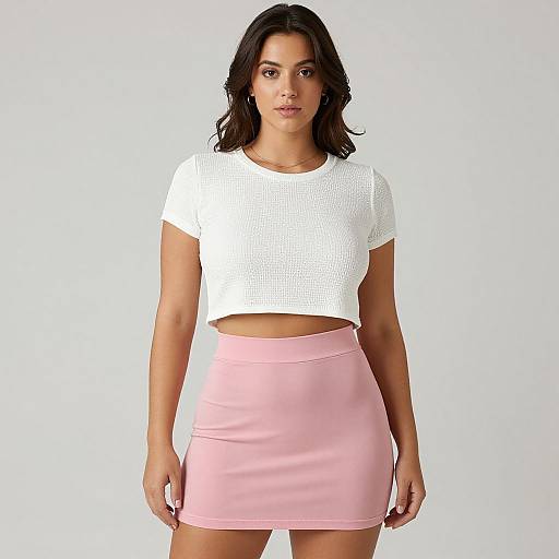 Photograph of a young woman with medium skin tone, black wavy hair, wearing a white cropped knit top and a pink high-waist mini