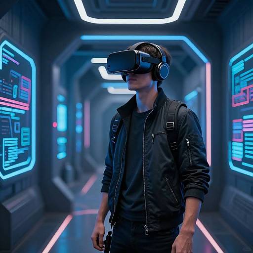 Cyberpunk scene: Man in black jacket and VR headset walks down neon-lit futuristic hallway with glowing blue and pink screens.