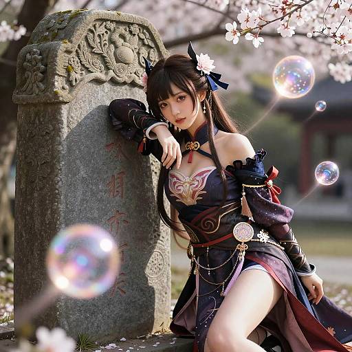 Digital artwork of an anime girl in a dark, ornate kimono with thigh-high slit, leaning on a stone grave, surrounded by bubbles, under