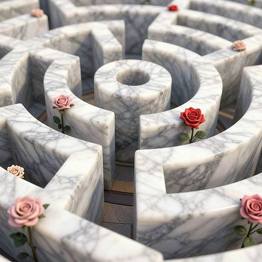 Photograph of marble headstones arranged in a circular pattern, each adorned with a pink or red rose, creating a poignant memorial.
