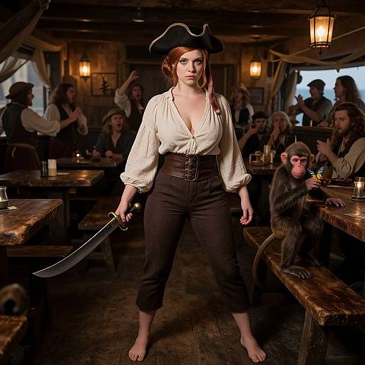 Photorealistic digital art of a fierce, fair-skinned pirate woman with a black tricorn hat, white blouse, brown pants, holding a sword