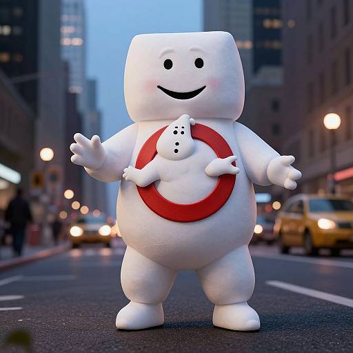 CGI image of a white, cube-shaped, smiling snowman with a red circle and a small snowman on its chest, standing on a city