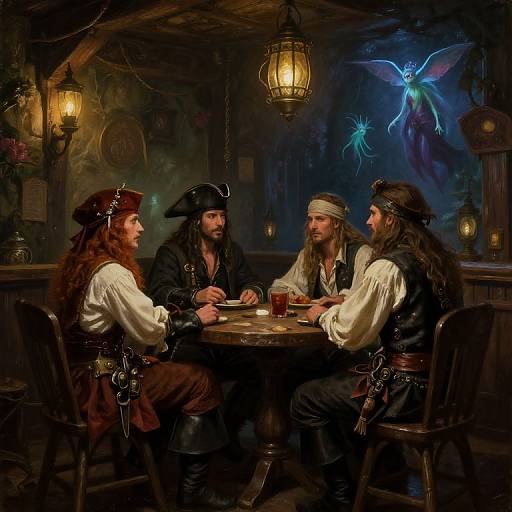 Three pirate men in 18th-century attire, with tricorn hats, sitting at a wooden table in a dimly lit tavern, illuminated by lantern
