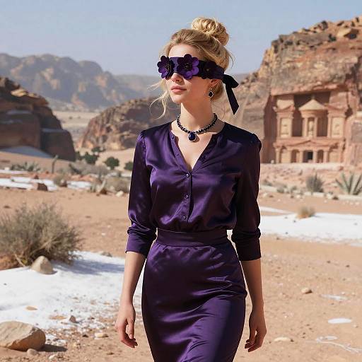 Photograph of a blonde woman in a navy blue, long-sleeve, button-up dress and dark sunglasses, standing in a sunny desert with snow