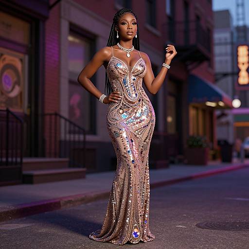 Photograph of a confident Black woman with long braids in a sparkling, silver sequin gown, standing on a dimly lit urban street at dusk