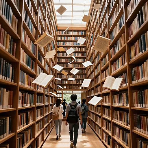 Floating Books in Sunlit Library