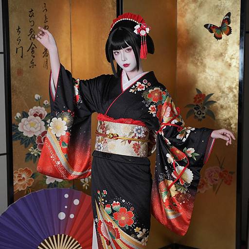 Japanese Woman in Traditional Kimono with Folding Screen