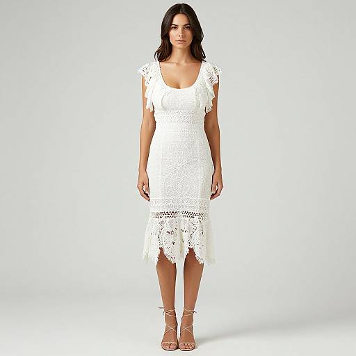 Photograph of a woman with long dark hair wearing a white, short-sleeved, lace, asymmetrical hemline dress and beige strappy sandals