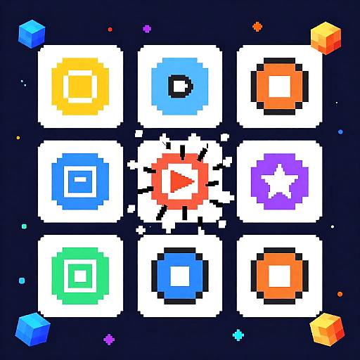 Pixel art grid of 9 colorful, square icons on a dark blue background, featuring yellow, blue, orange, green, purple, and red designs