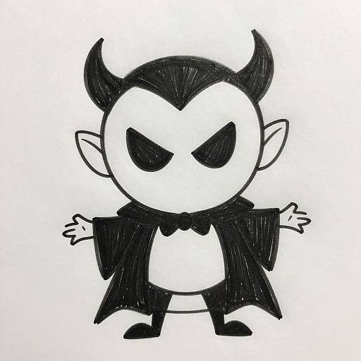Chibi-style black-and-white drawing of a devil-like character with horns, black cape, bowtie, and angry expression, arms outstretched.
