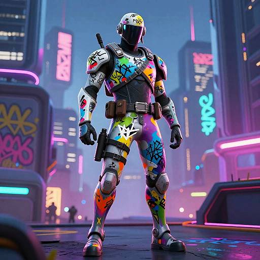 Neon-lit cyberpunk cityscape: armored figure with colorful graffiti-patterned suit, helmet, and gun, standing confidently on a wet street at