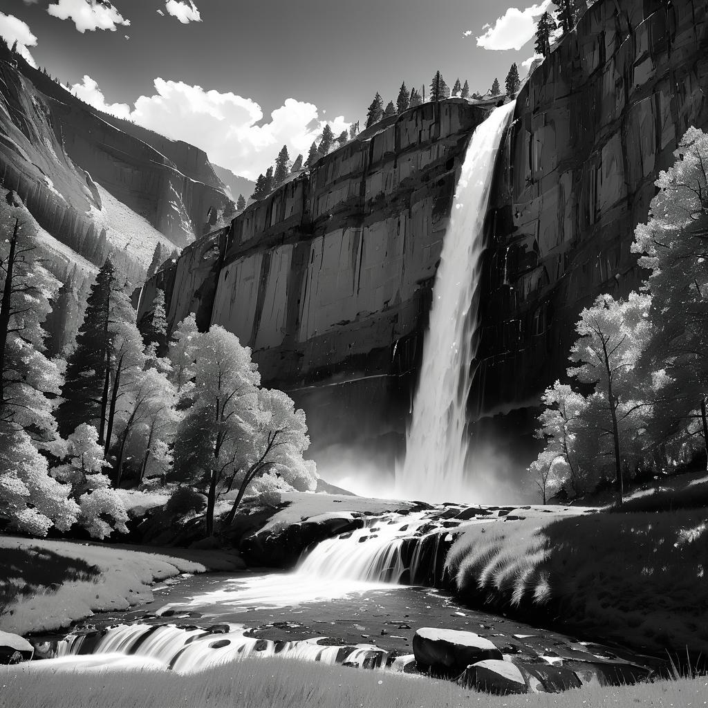 Majestic Waterfall Gorge in Black and White