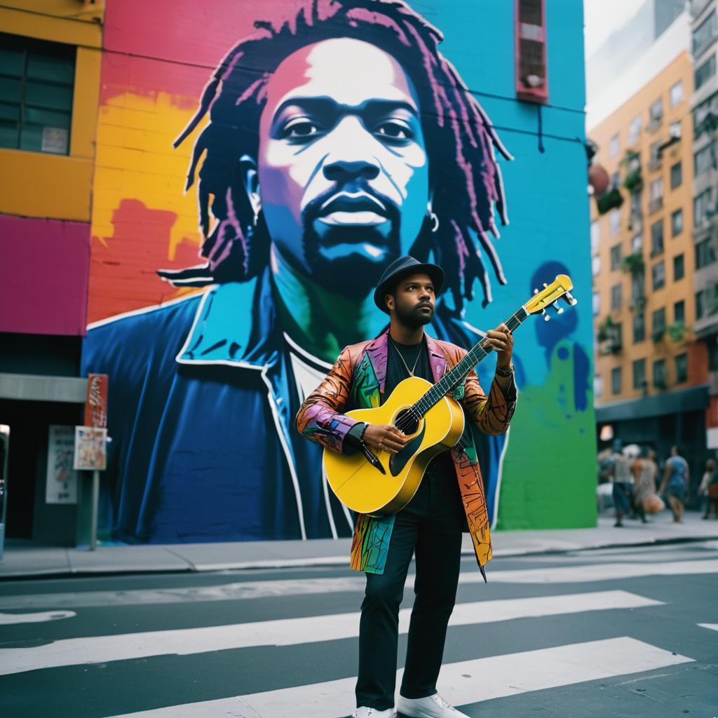 Vibrant Street Musician with Urban Art