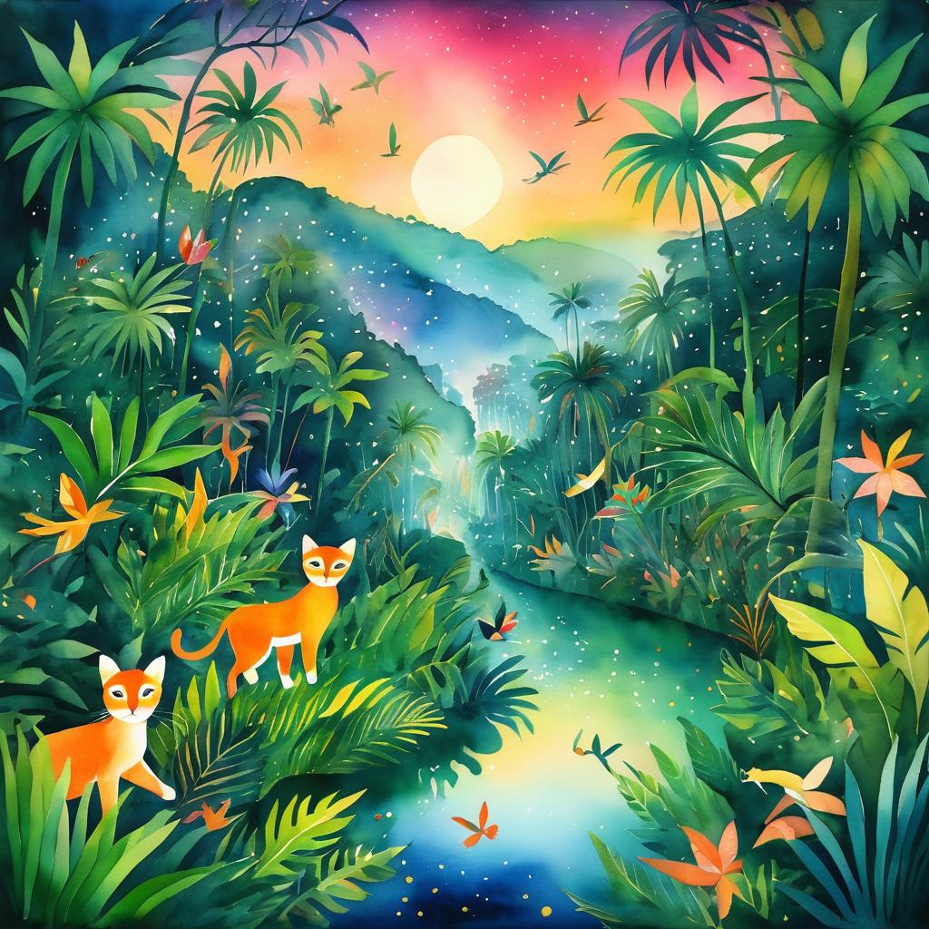 Vibrant Surreal Jungle Dance in Watercolor