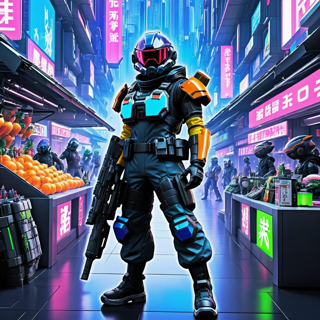 Futuristic Bounty Hunter in Alien Market