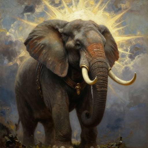Digital painting of a majestic elephant with glowing golden halo, large curved tusks, and brown leather harness, set against a dramatic cloudy sky.