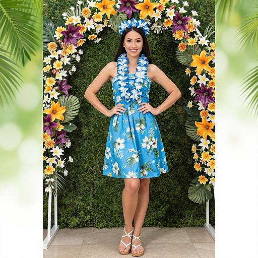 Photograph of a smiling woman in a blue floral dress and matching headband, standing in front of a vibrant flower arch and greenery.