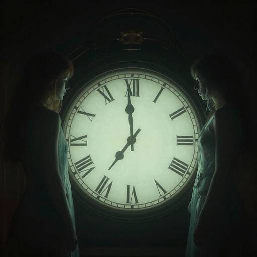 Photograph of a large, illuminated clock with Roman numerals, held by two shadowy figures against a dark background.