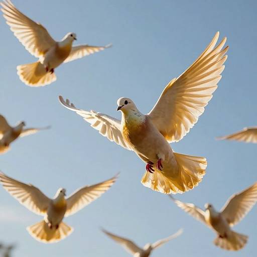 Photograph of six white doves with outstretched wings flying against a bright blue sky, illuminated by sunlight.