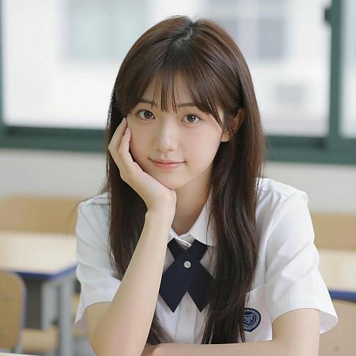 Young Asian Woman in School Uniform Sitting at Desk