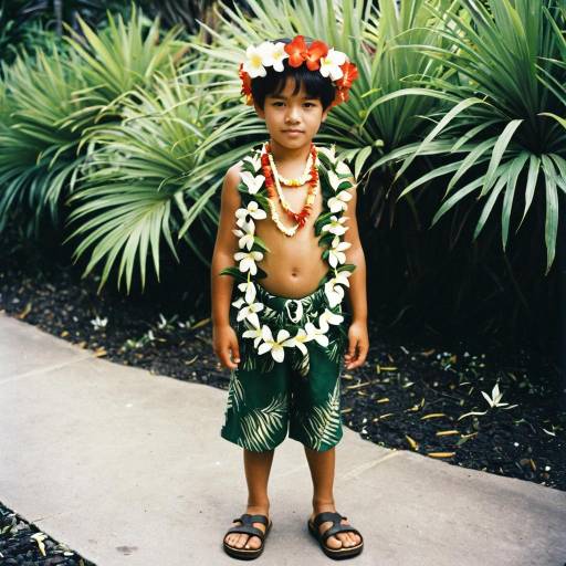 Hawaiian Boy Wearing Floral Lei and Headband